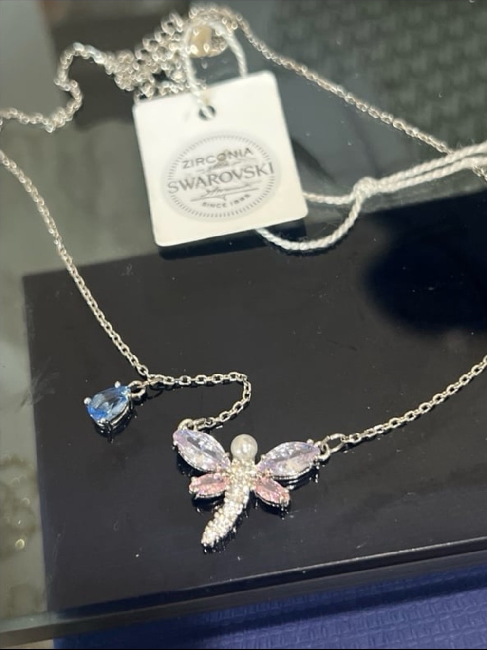 Rhodium plated lavender and amethyst swarovski elements dragon fly necklace